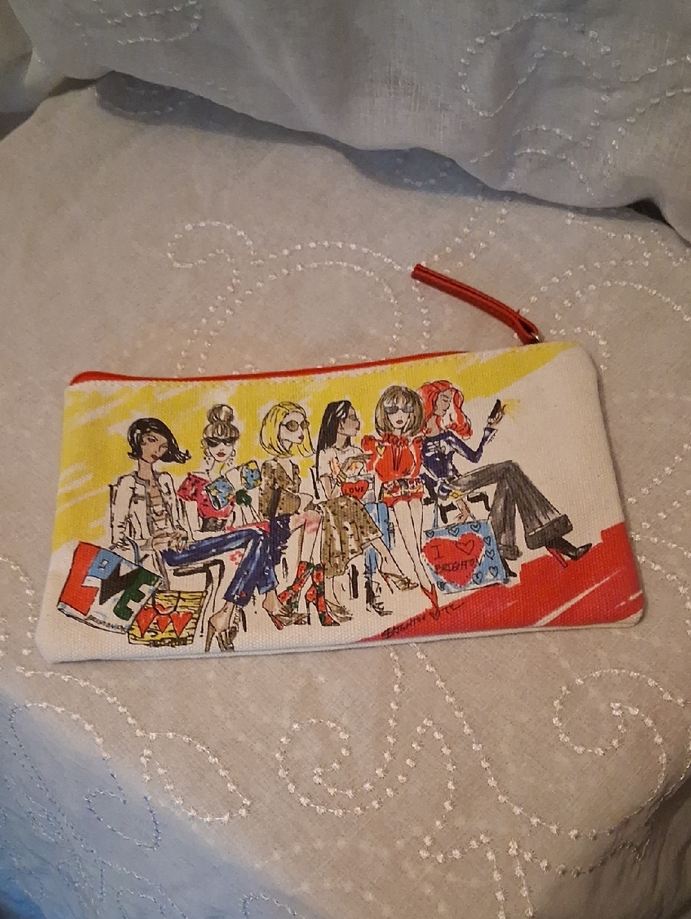 Brighton White Canvas Cosmetic Pouch with Multicolor Fashion Illustration NWOT